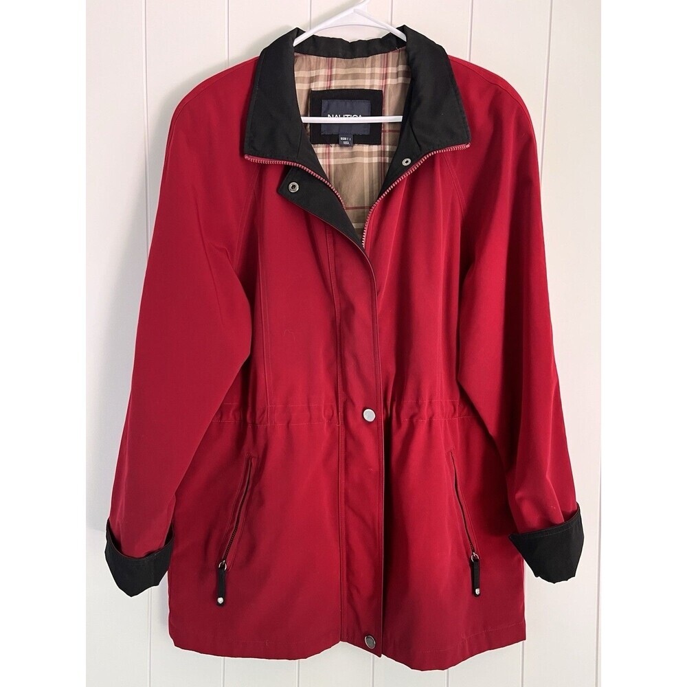 Vintage Nautica Red Hooded Jacket Plaid Lined Full Zip Rain Coat Size Medium